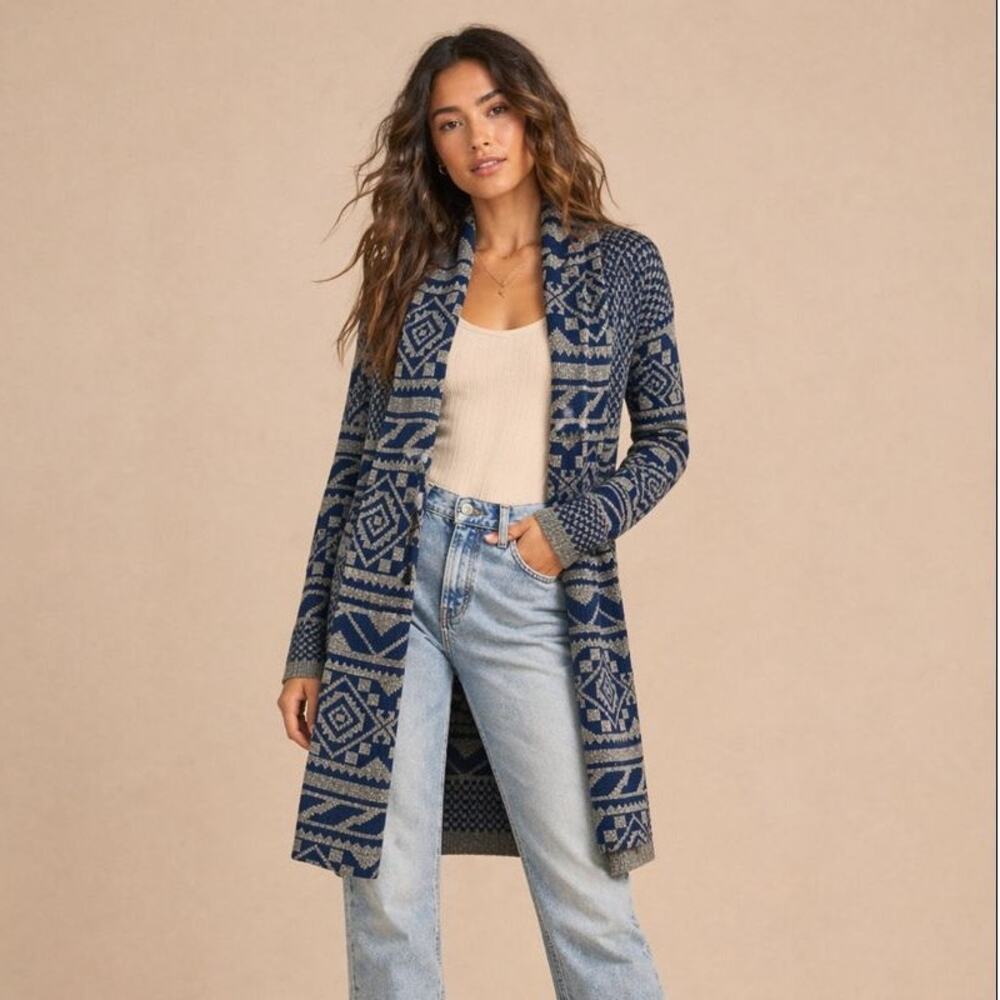 Ash Rain + Oak Boho Western Aztec Cardigan XS Blue Gray Tribal Knit Open Front